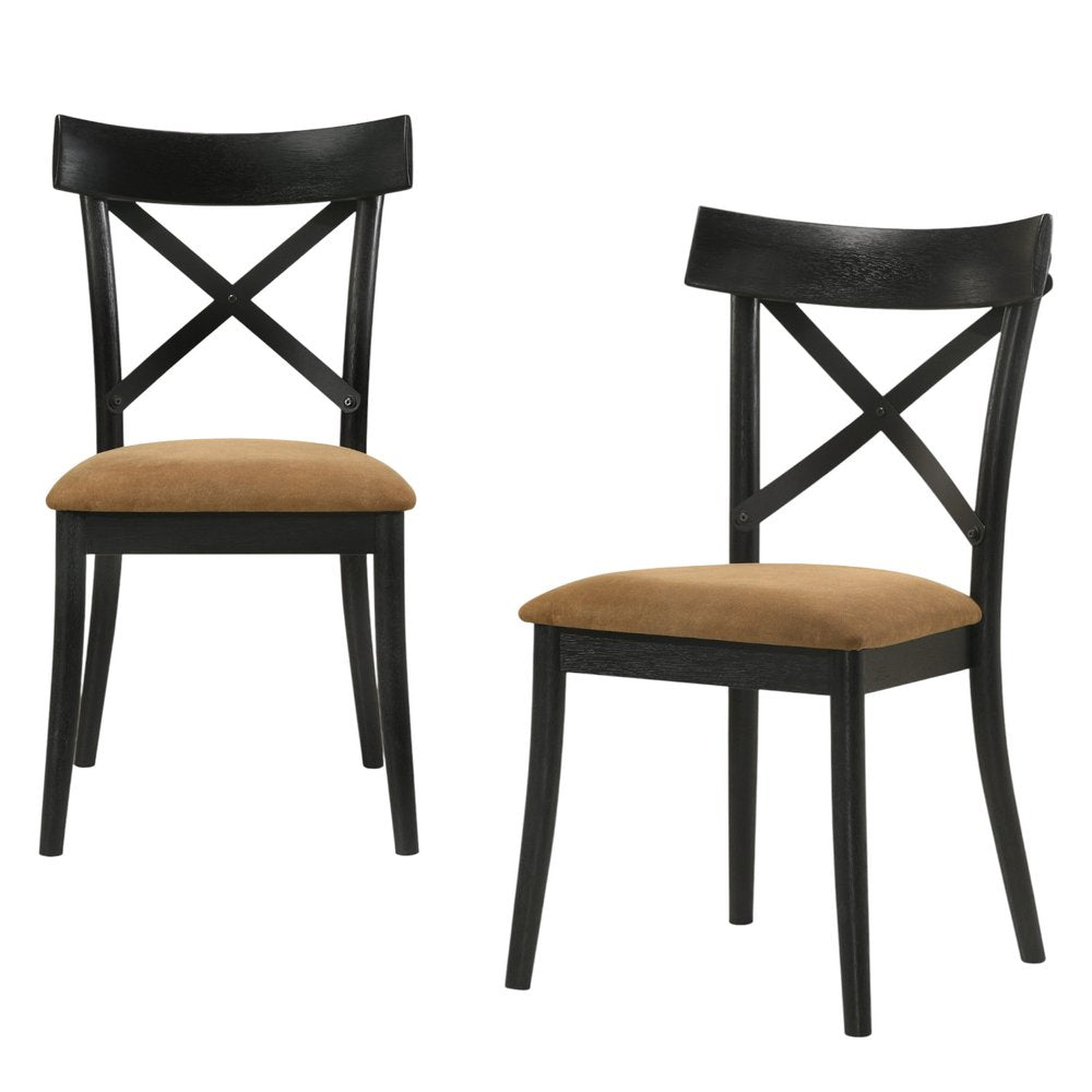 Set of Two Brown And Black Faux Leather And Solid Wood Cross Back Dining Side Chairs