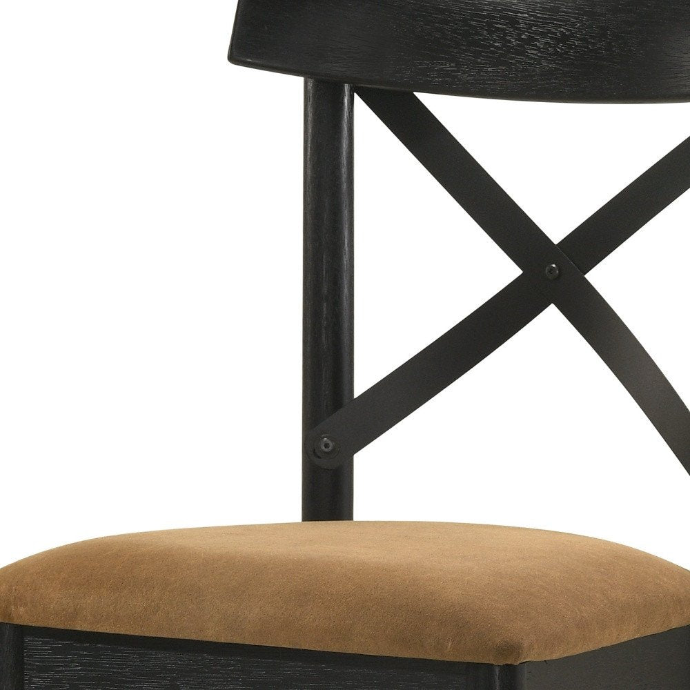 Set of Two Brown And Black Faux Leather And Solid Wood Cross Back Dining Side Chairs