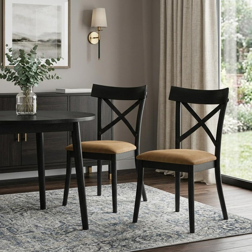 Set of Two Brown And Black Faux Leather And Solid Wood Cross Back Dining Side Chairs