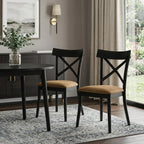 Set of Two Brown And Black Faux Leather And Solid Wood Cross Back Dining Side Chairs