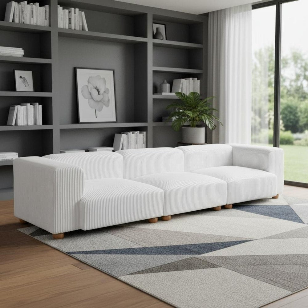 150" White Corduroy Sofa