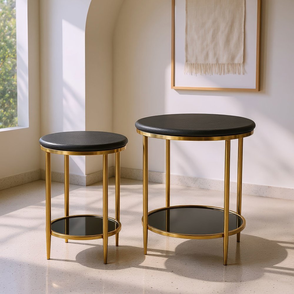 18" Black Faux Marble and Wood Round Coffee Table