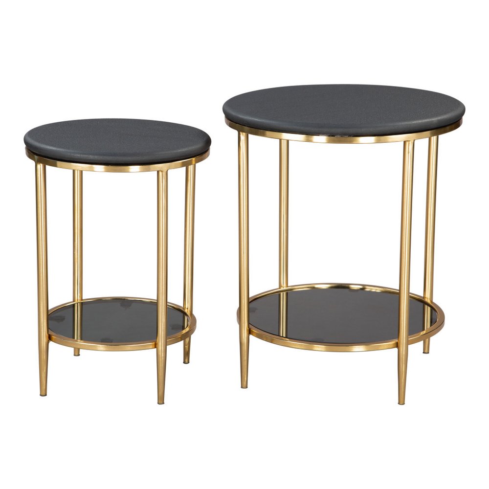 18" Black Faux Marble and Wood Round Coffee Table