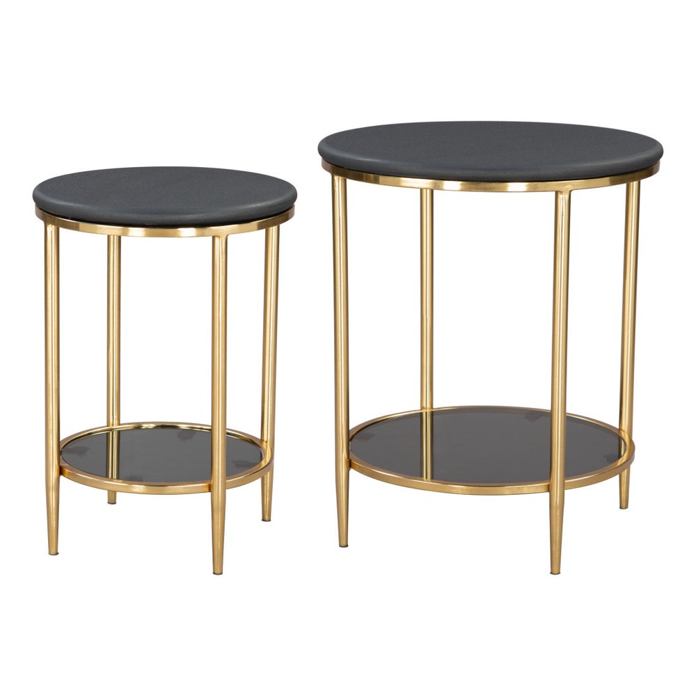18" Black Faux Marble and Wood Round Coffee Table