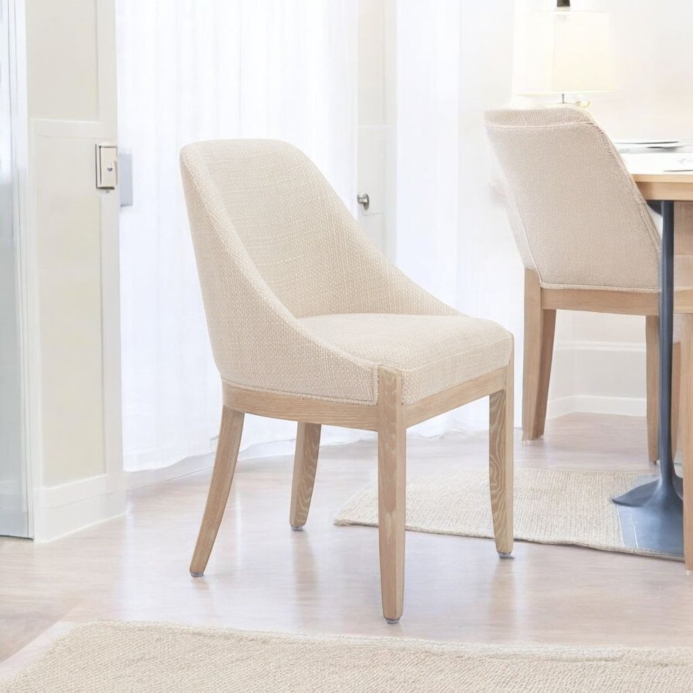 Beige And Natural Fabric And Wood Dining Side Chair