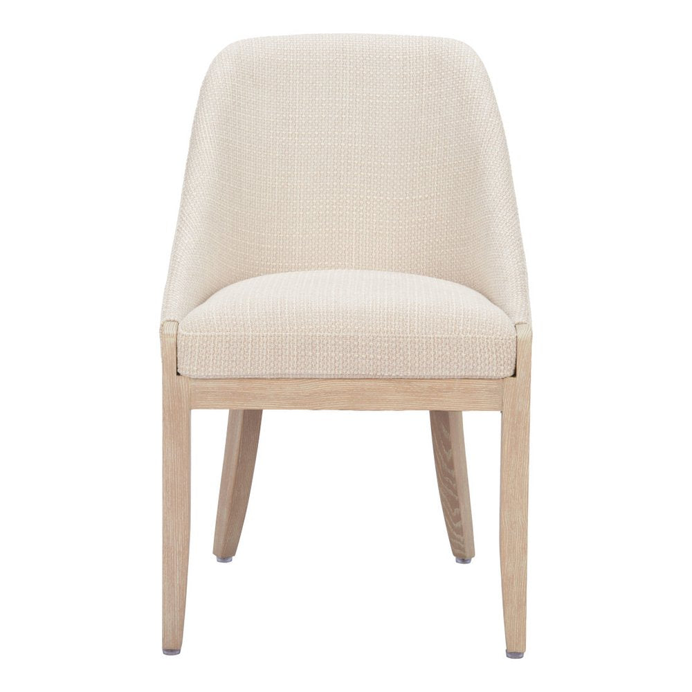 Beige And Natural Fabric And Wood Dining Side Chair