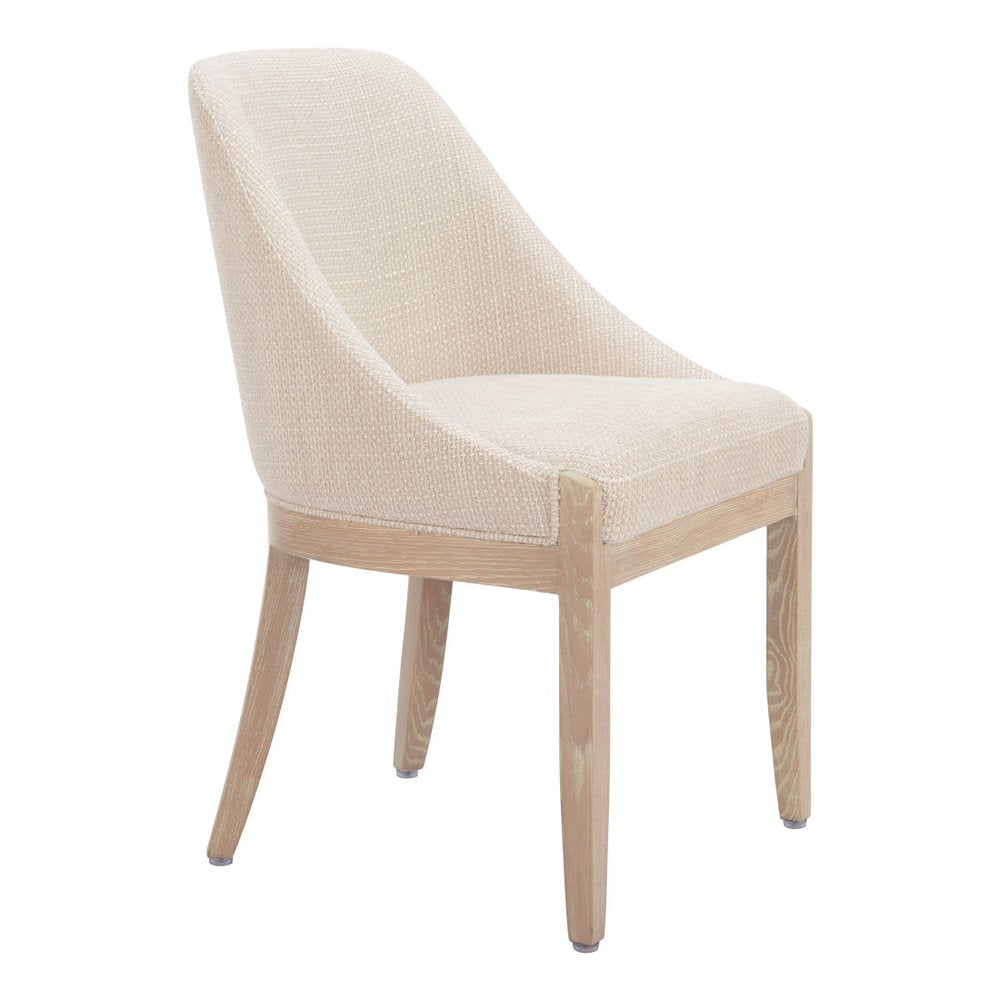 Beige And Natural Fabric And Wood Dining Side Chair