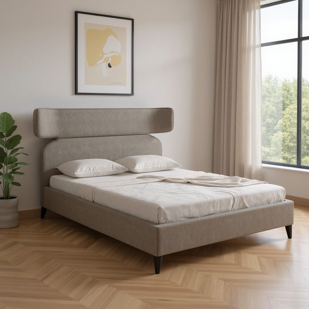 Brown Solid Wood And Upholstery Queen Bed Frame
