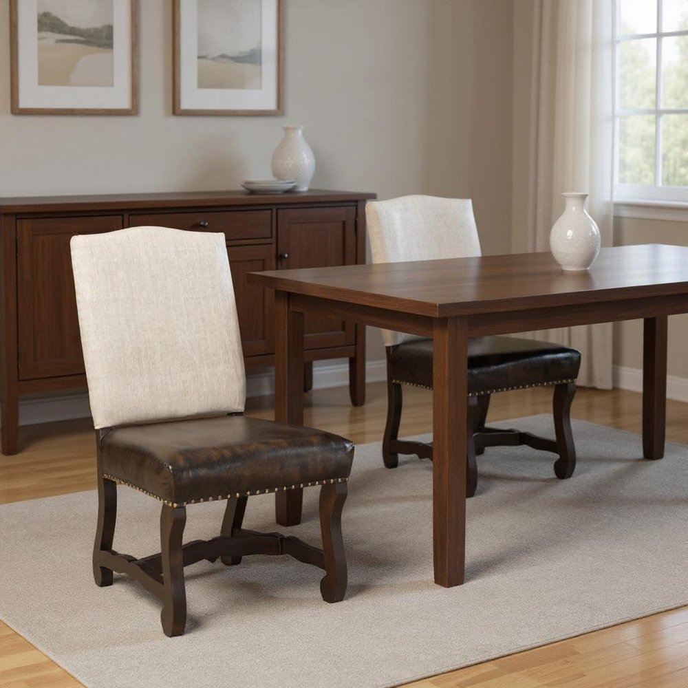 Set of Two Cream and Dark Brown Wood Leather And Linen Dining Side Chairs