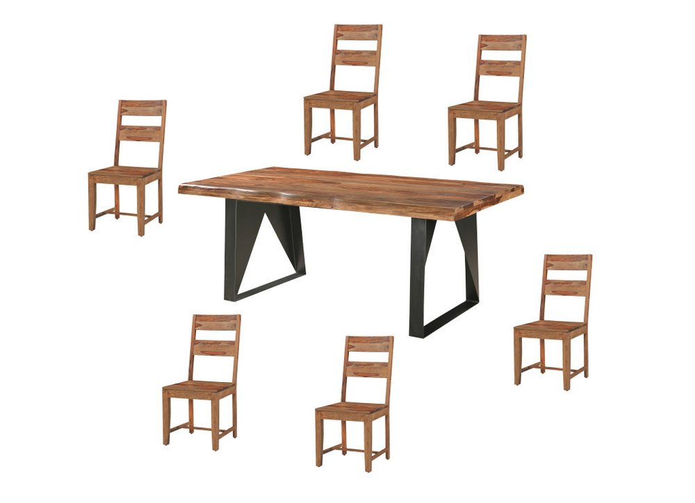 Seven Piece Brown and Black Solid Wood Dining Set with Six Chairs