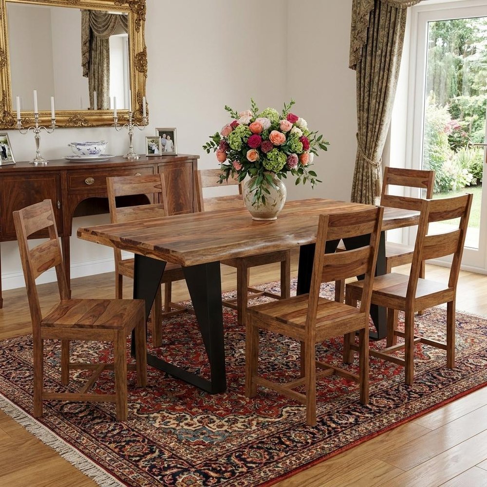 Seven Piece Brown and Black Solid Wood Dining Set with Six Chairs