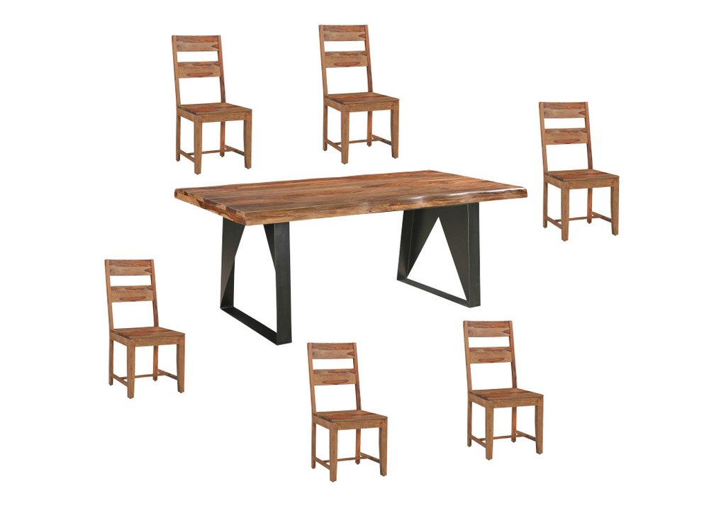 Seven Piece Brown and Black Solid Wood Dining Set with Six Chairs