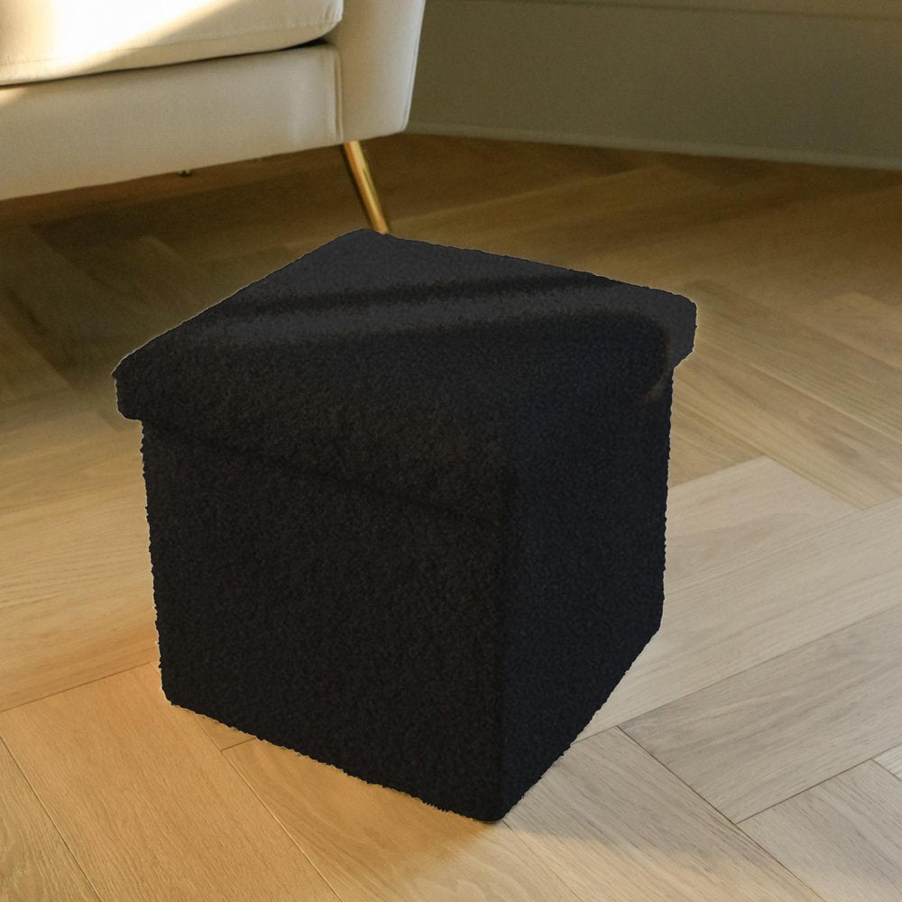 15" Black Boucle Cube Ottoman With Storage