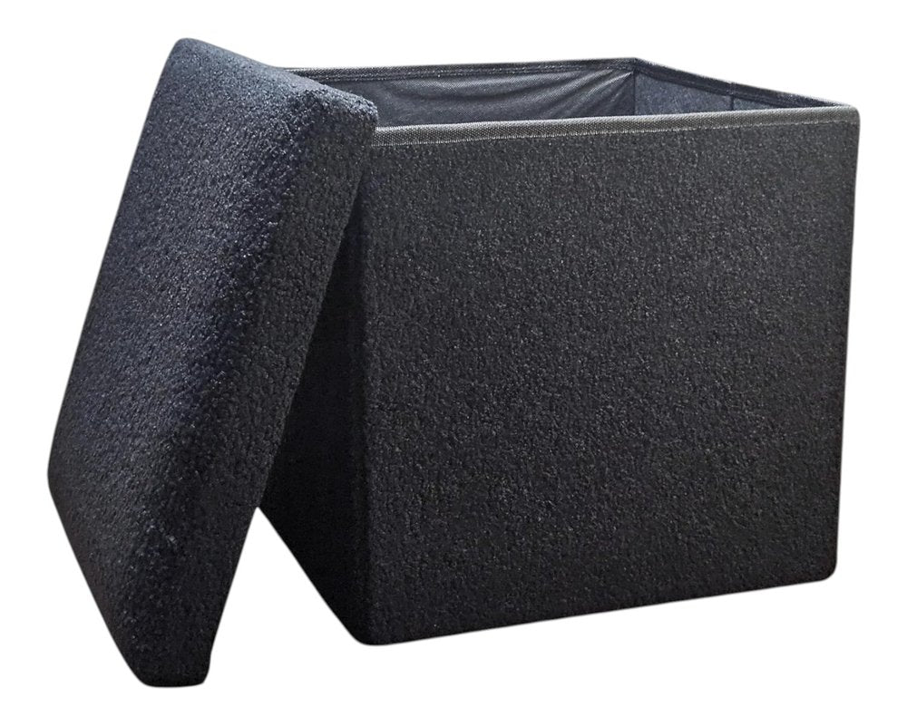 15" Black Boucle Cube Ottoman With Storage