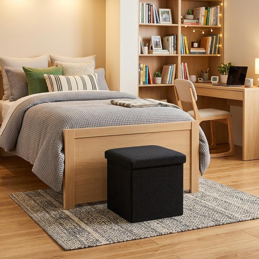 12" Black Boucle Cube Ottoman With Storage