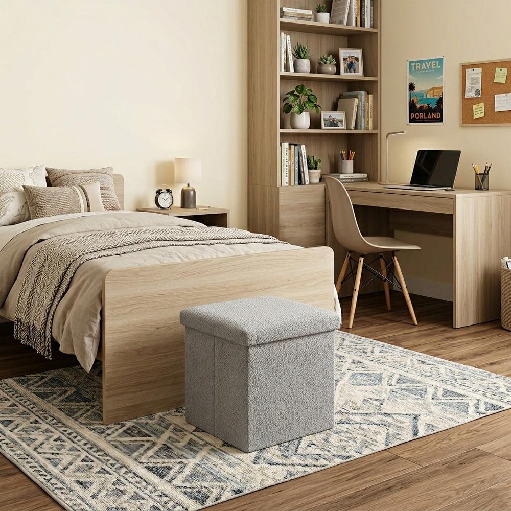 15" Gray Boucle Cube Ottoman With Storage