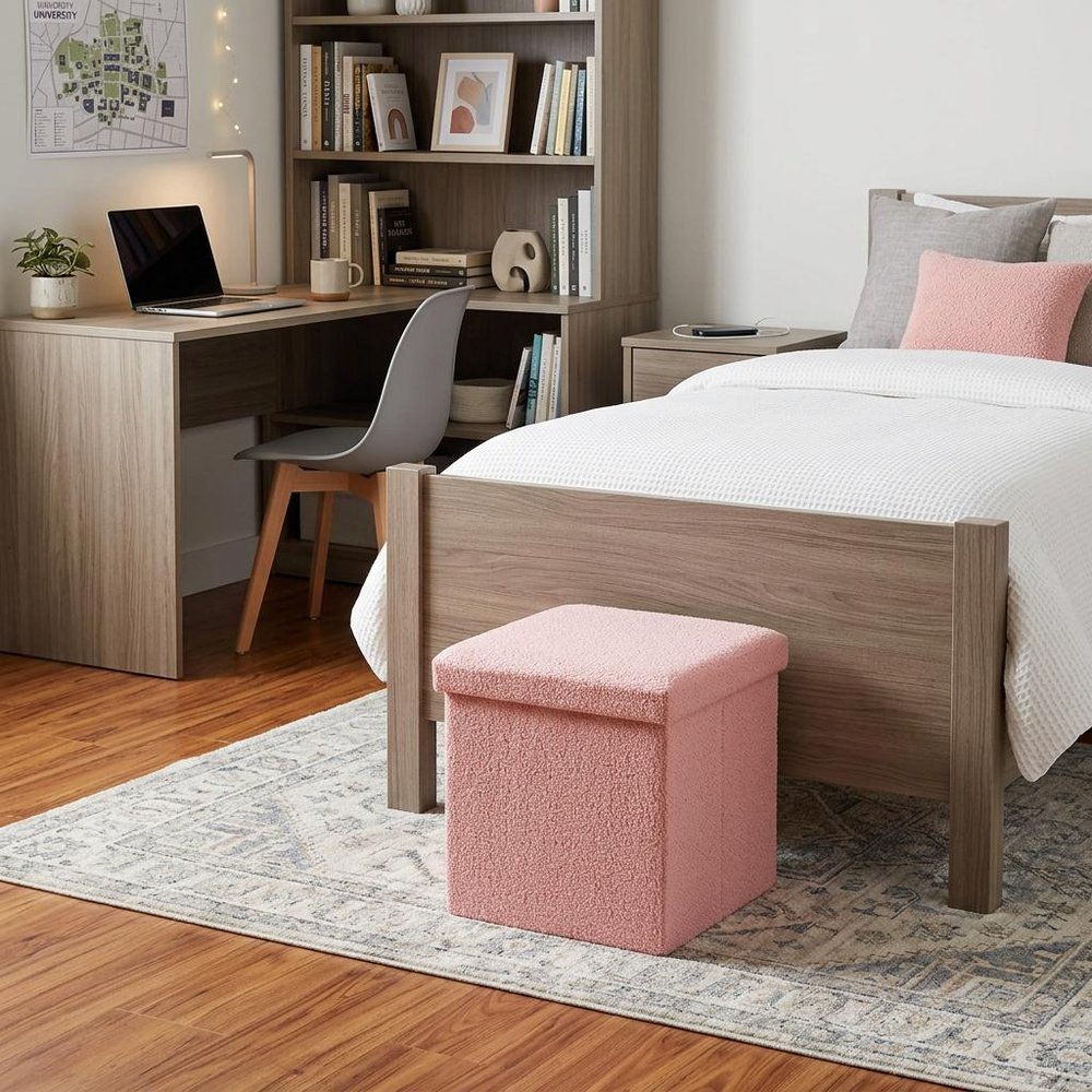 30" Pink Boucle Ottoman With Storage