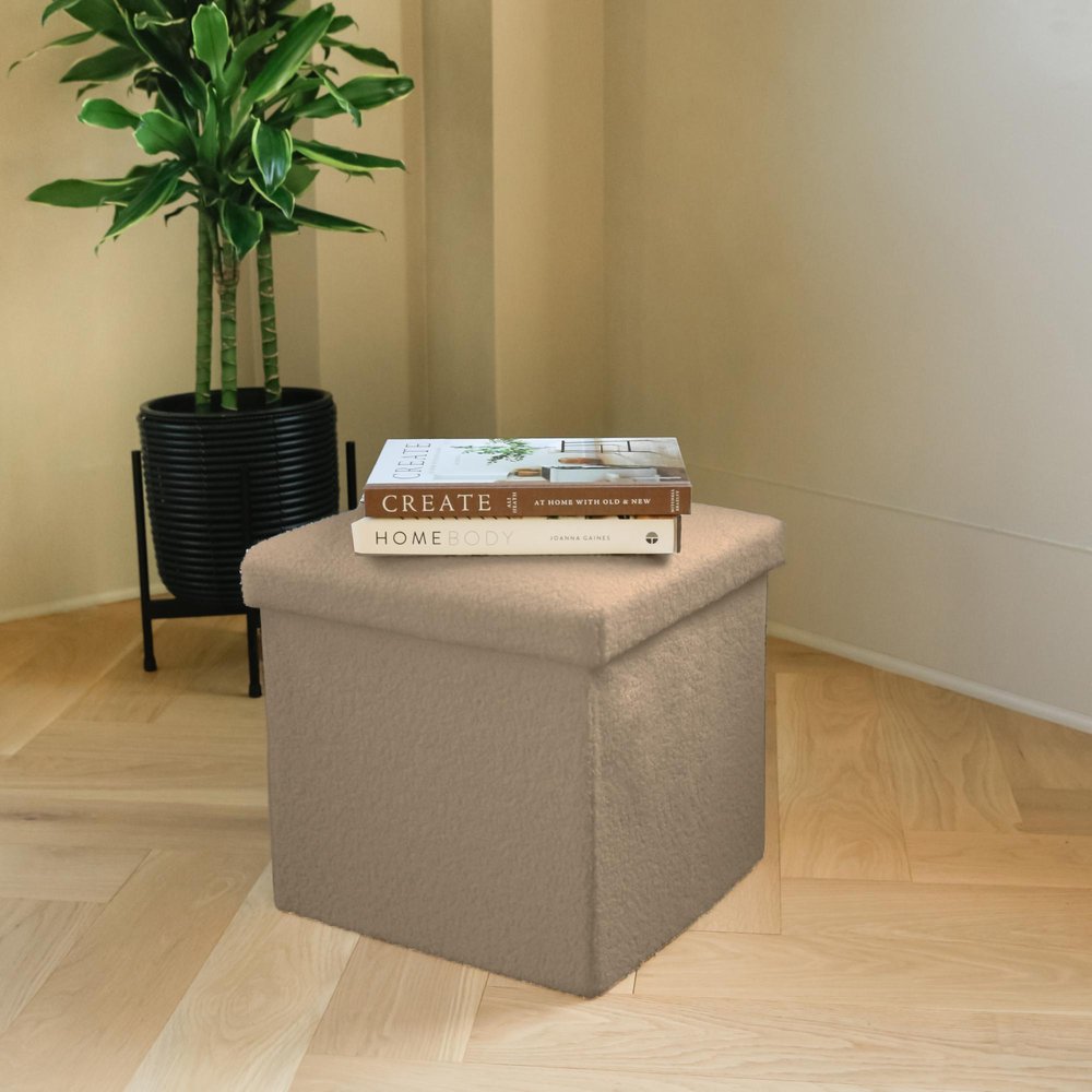 15" Taupe Boucle Cube Ottoman With Storage