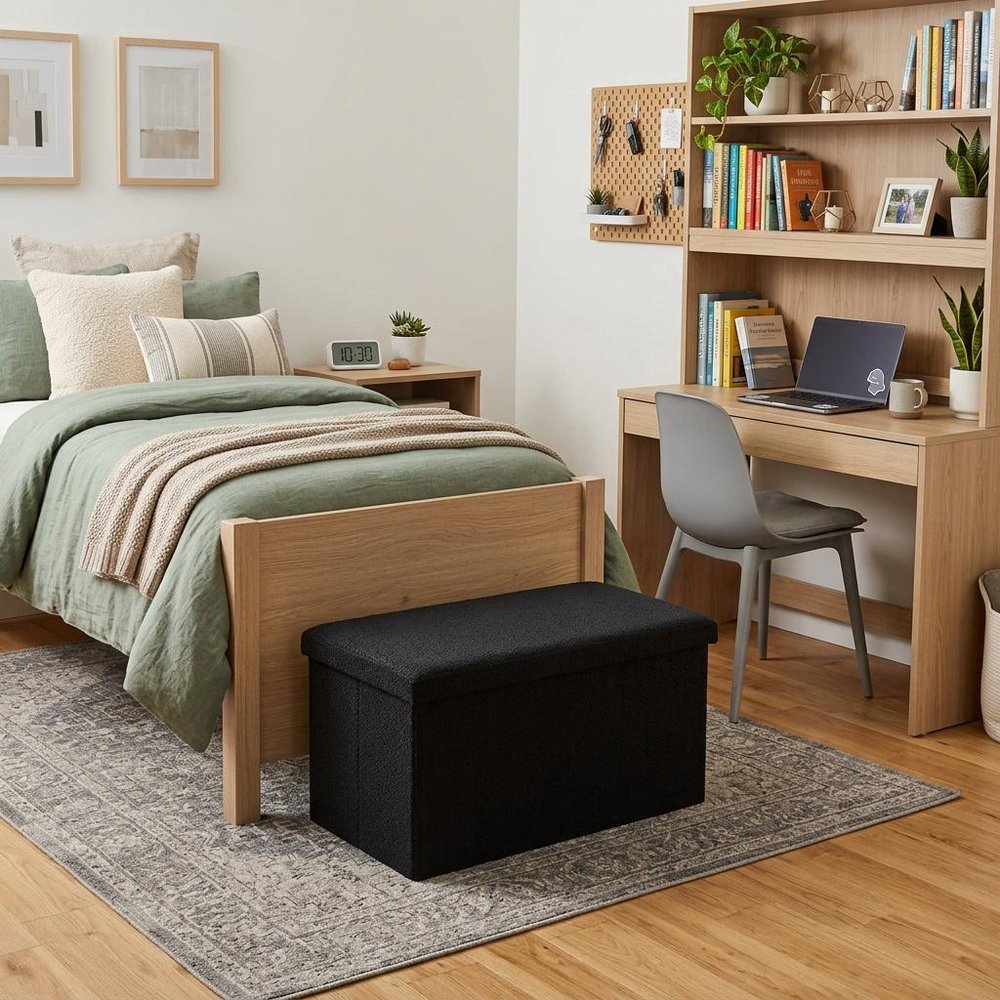 12" Black Boucle Cube Ottoman With Storage