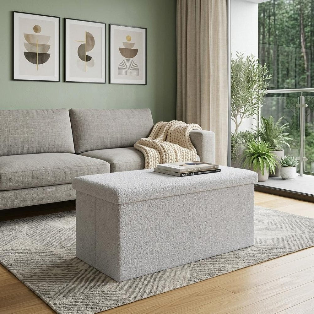 15" Gray Boucle Cube Ottoman With Storage