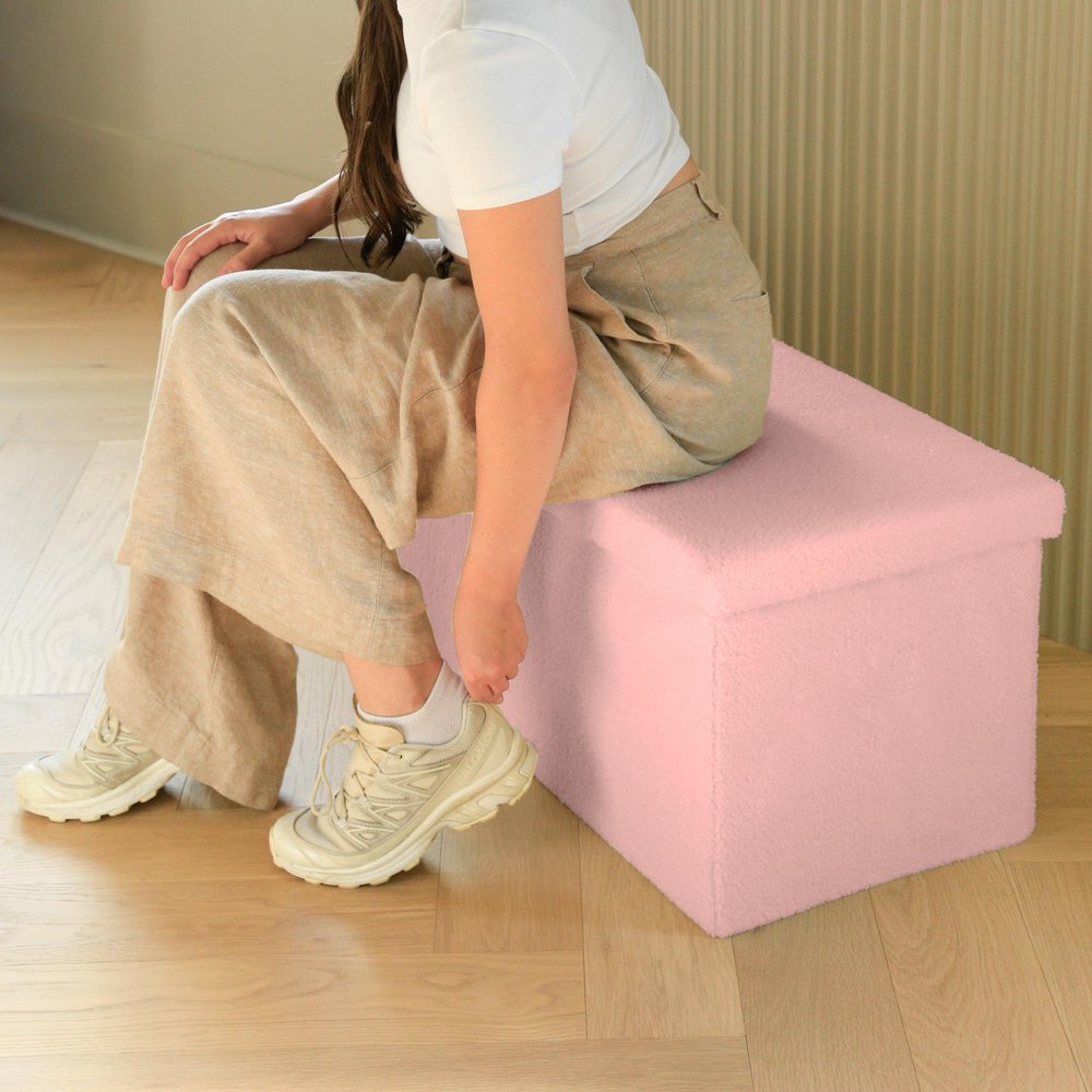 30" Pink Boucle Ottoman With Storage