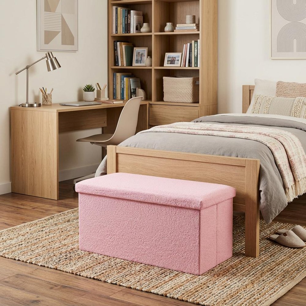 15" Pink Boucle Cube Ottoman With Storage