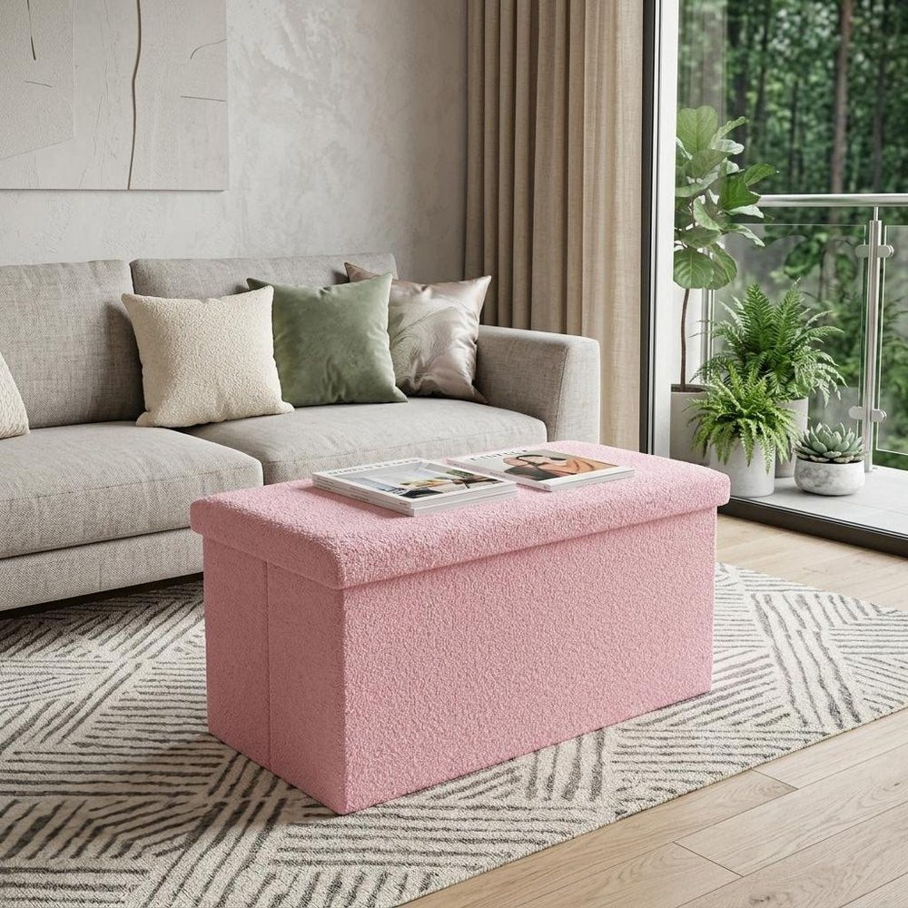 30" Pink Boucle Ottoman With Storage