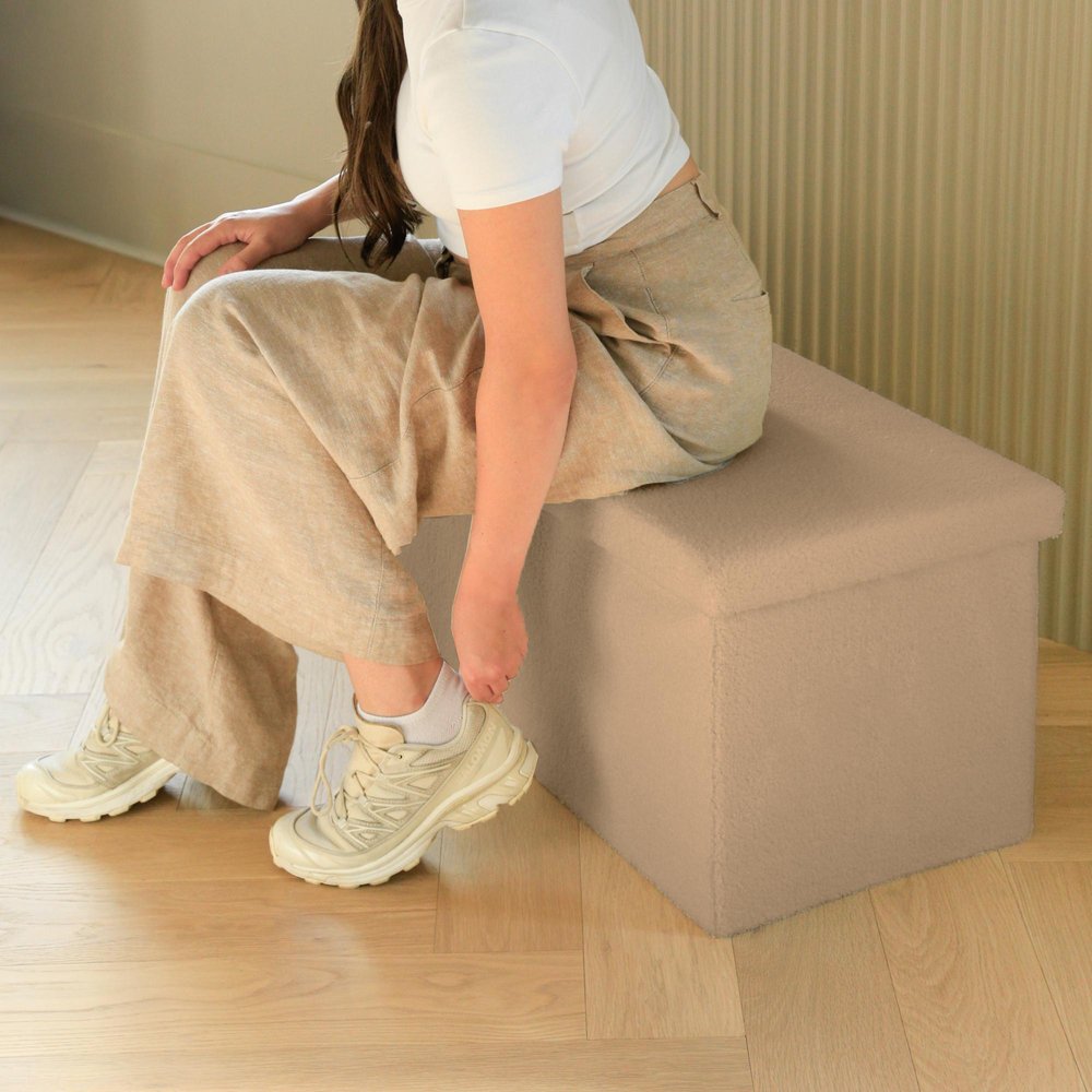 15" Taupe Boucle Cube Ottoman With Storage