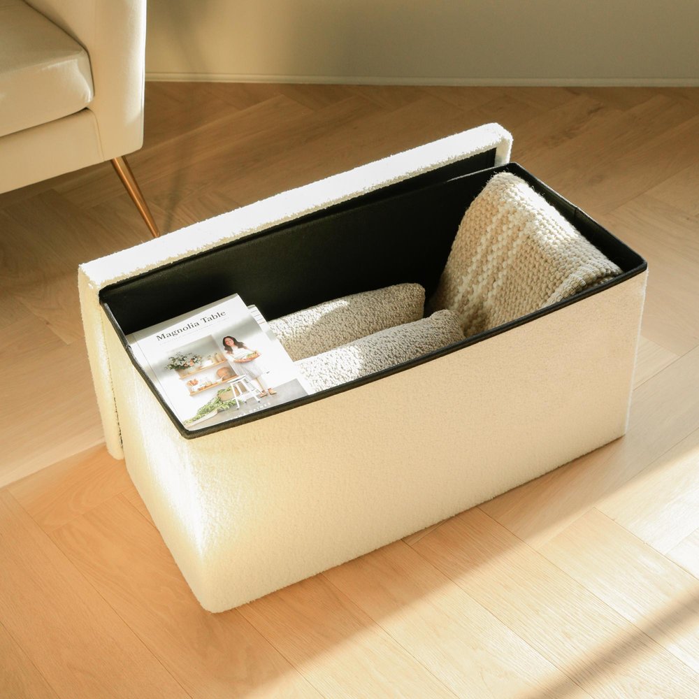 15" White Boucle Cube Ottoman With Storage