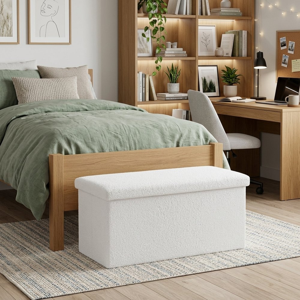 15" White Boucle Cube Ottoman With Storage