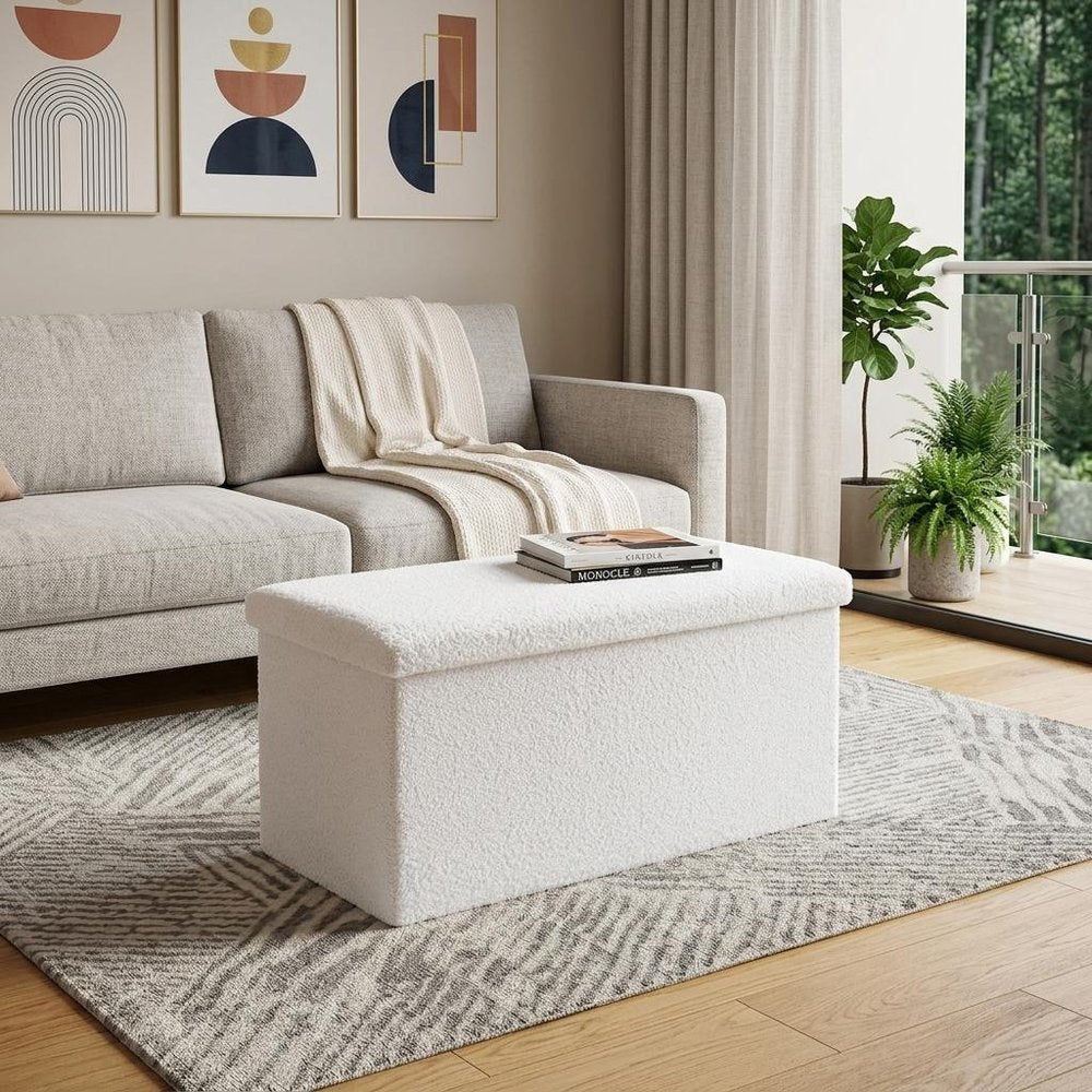 15" White Boucle Cube Ottoman With Storage
