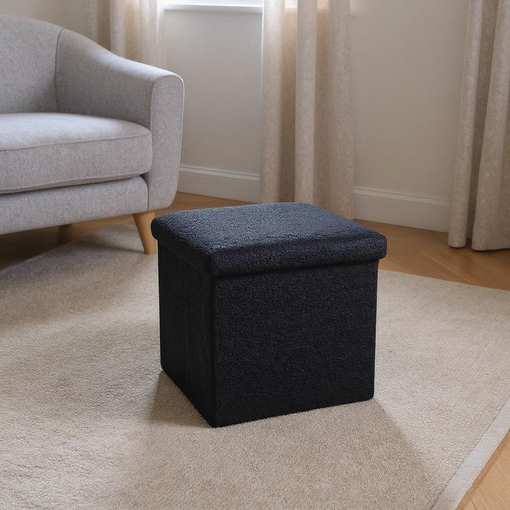 15" Black Boucle Cube Ottoman With Storage