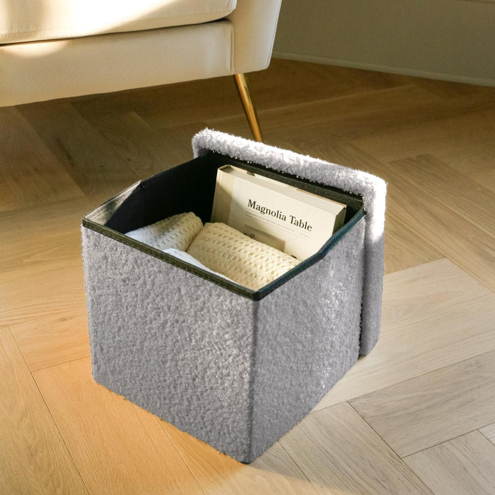 15" Gray Boucle Cube Ottoman With Storage