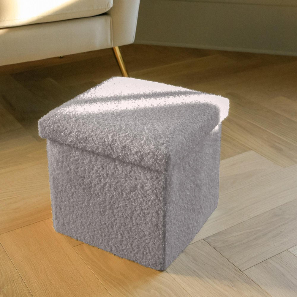 15" Gray Boucle Cube Ottoman With Storage