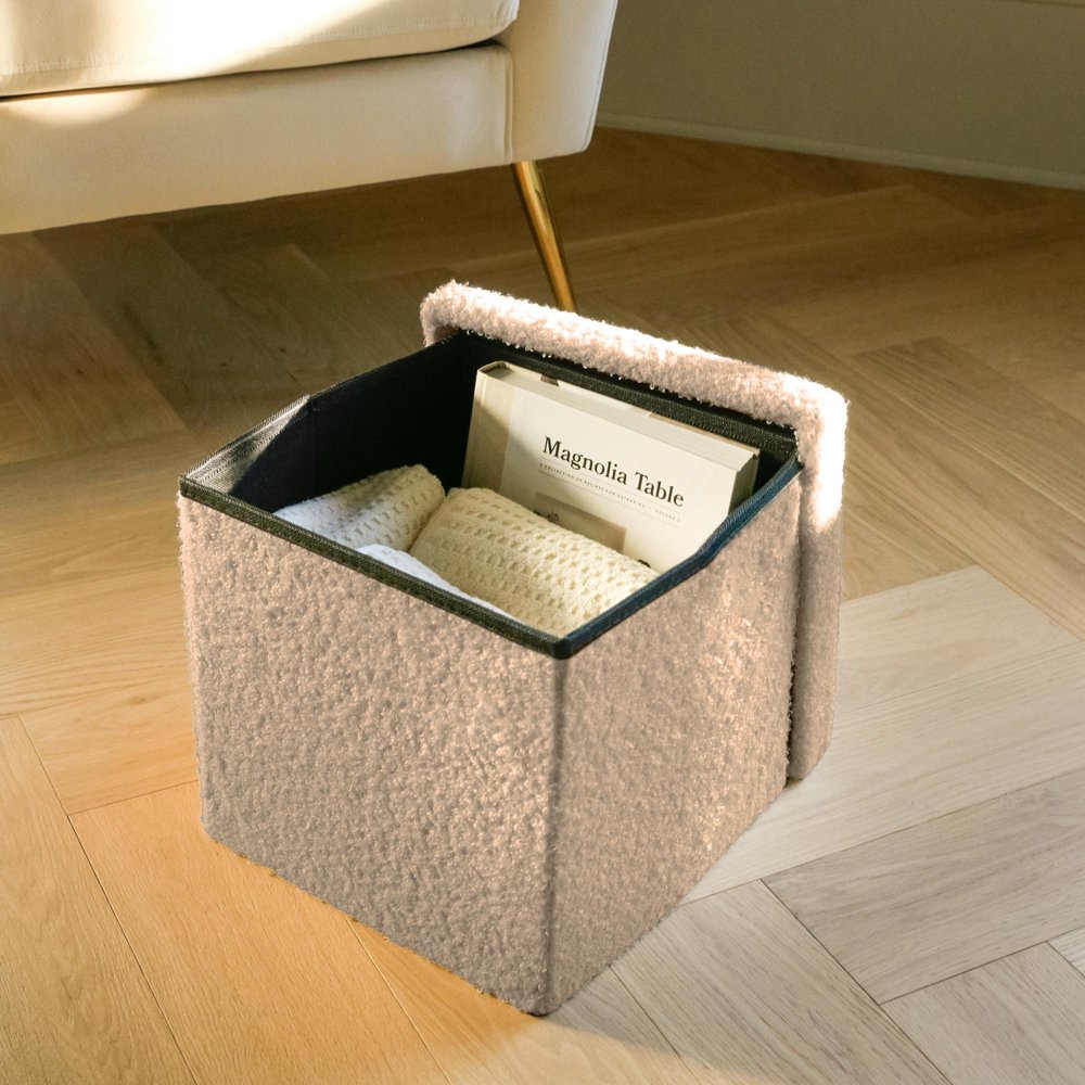12" White Boucle Cube Ottoman With Storage
