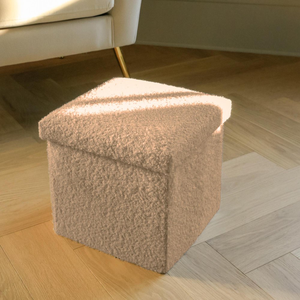 12" White Boucle Cube Ottoman With Storage