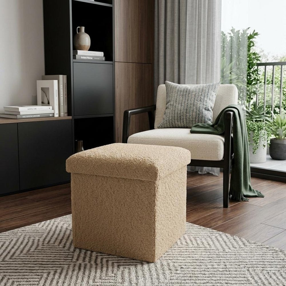 12" White Boucle Cube Ottoman With Storage