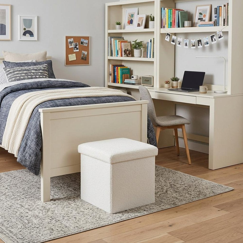 12" White Boucle Cube Ottoman With Storage
