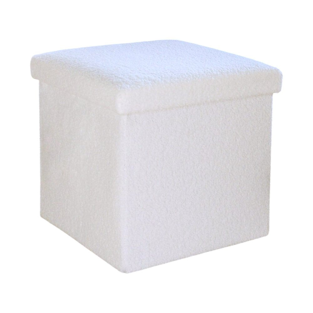 12" White Boucle Cube Ottoman With Storage