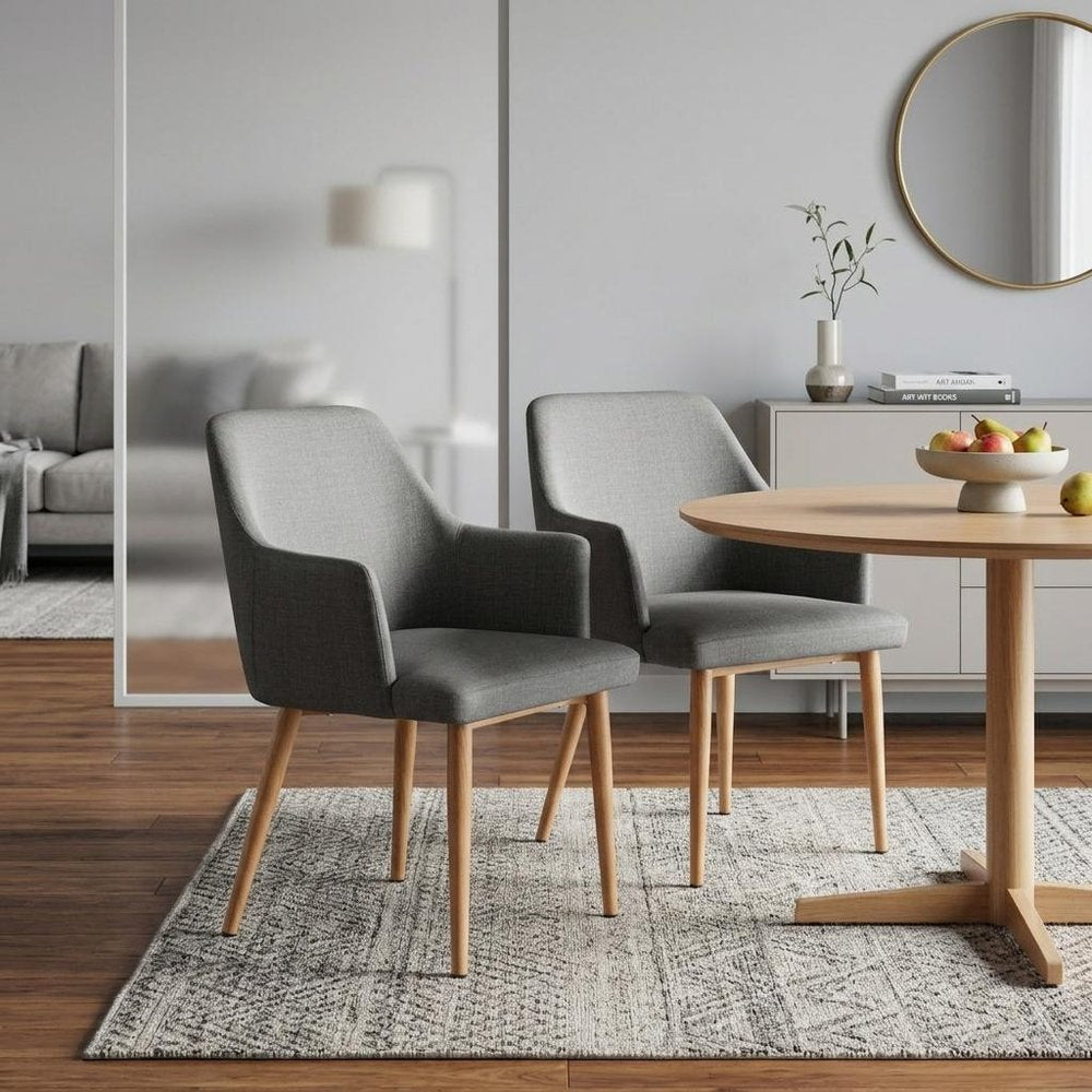 Set of Two Gray And Natural Fabric And Wood Dining Arm Chairs