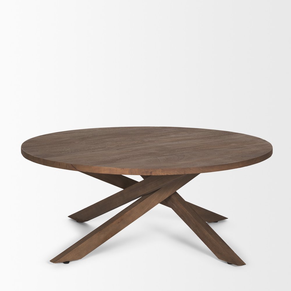 42" Brown Solid Wood Round Cross Legs Coffee Table