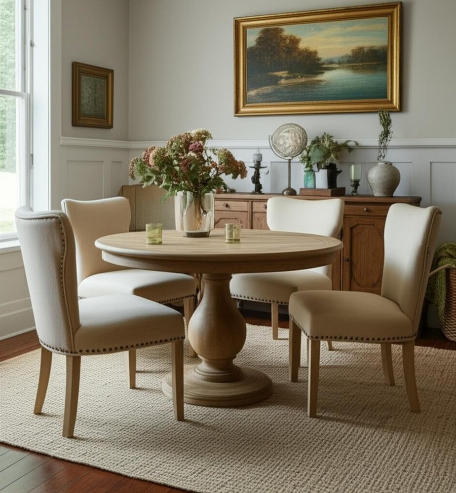 Five Piece Natural Round Solid Wood Dining Set with Four Chairs
