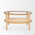 34" Clear and Natural Glass and Solid Wood Round Coffee Table With Shelf
