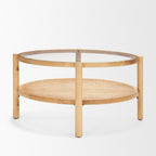 34" Clear and Natural Glass and Solid Wood Round Coffee Table With Shelf