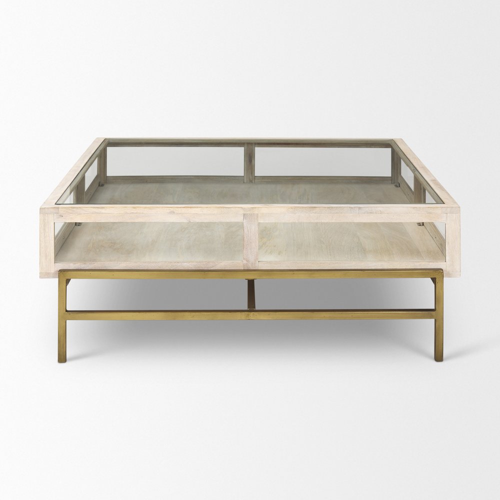 44" Off White Clear And Gold Solid Wood Glass And Iron Storage Coffee Table