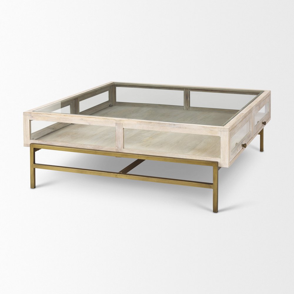 44" Off White Clear And Gold Solid Wood Glass And Iron Storage Coffee Table