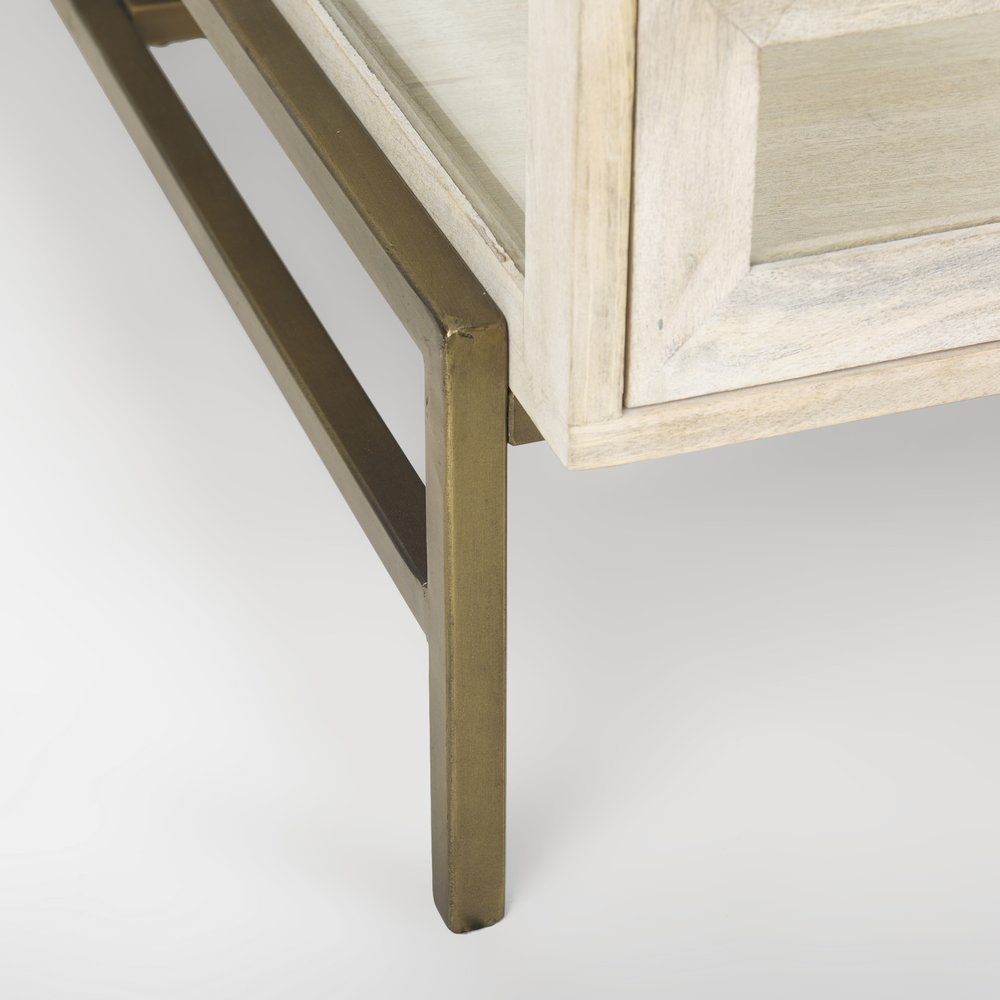 44" Off White Clear And Gold Solid Wood Glass And Iron Storage Coffee Table