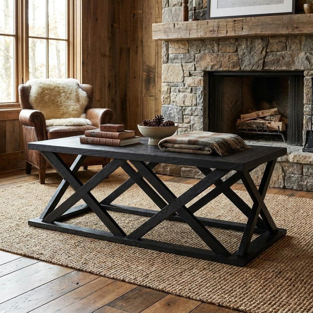 48" Black Solid Wood Geo Frame Coffee Table