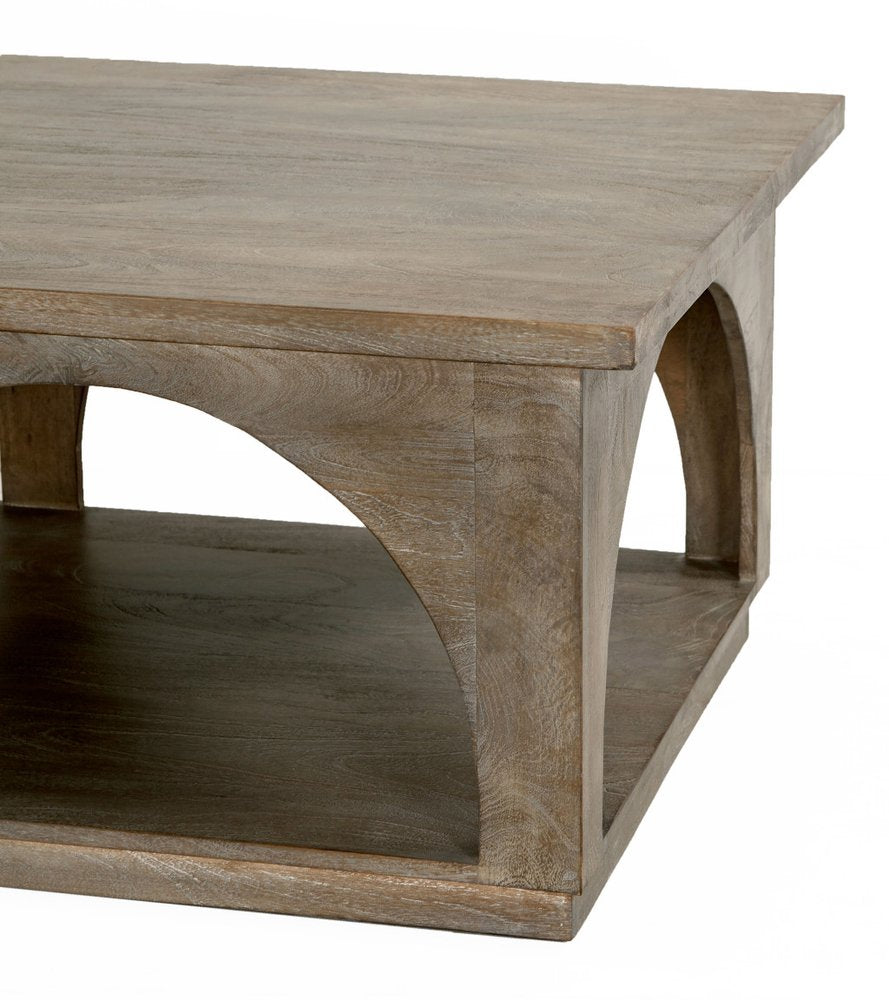 59" Brown Solid Wood Distressed Floor Shelf Coffee Table With Shelf