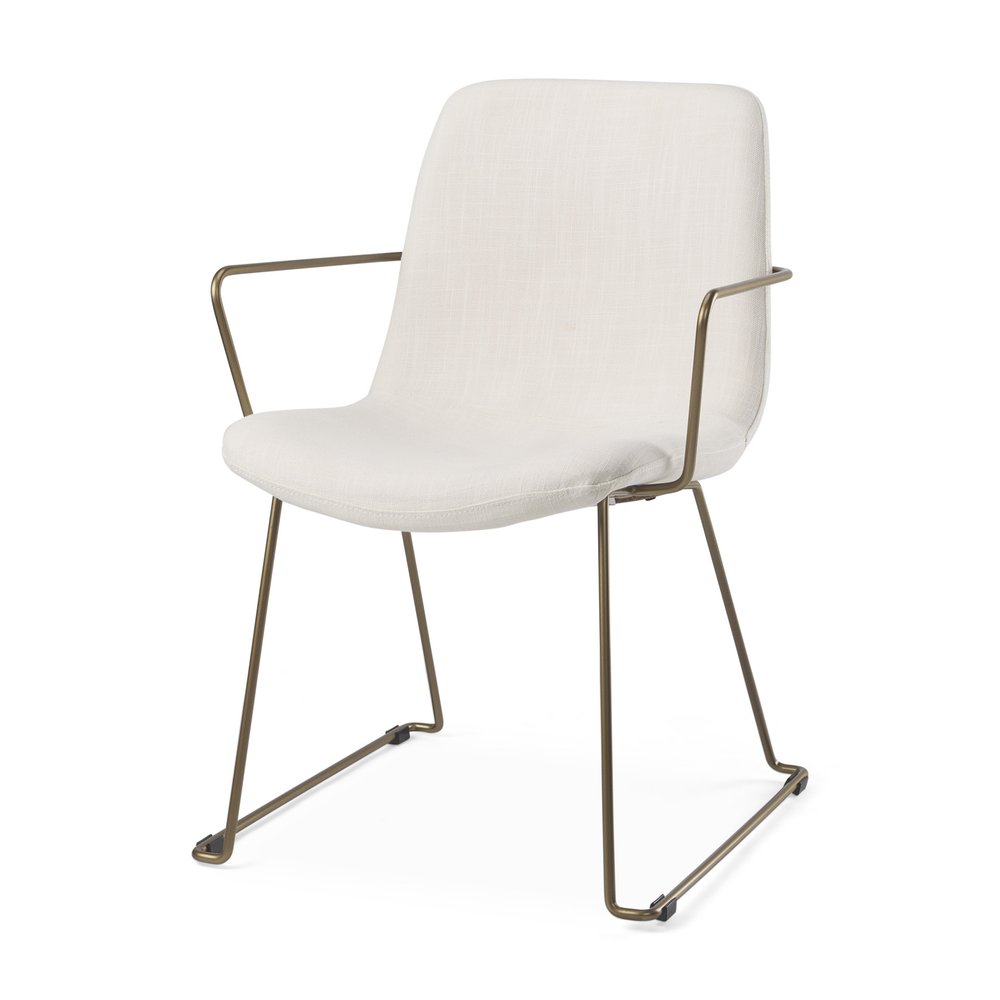 Beige and Gold Fabric and Wood Dining Arm Chair